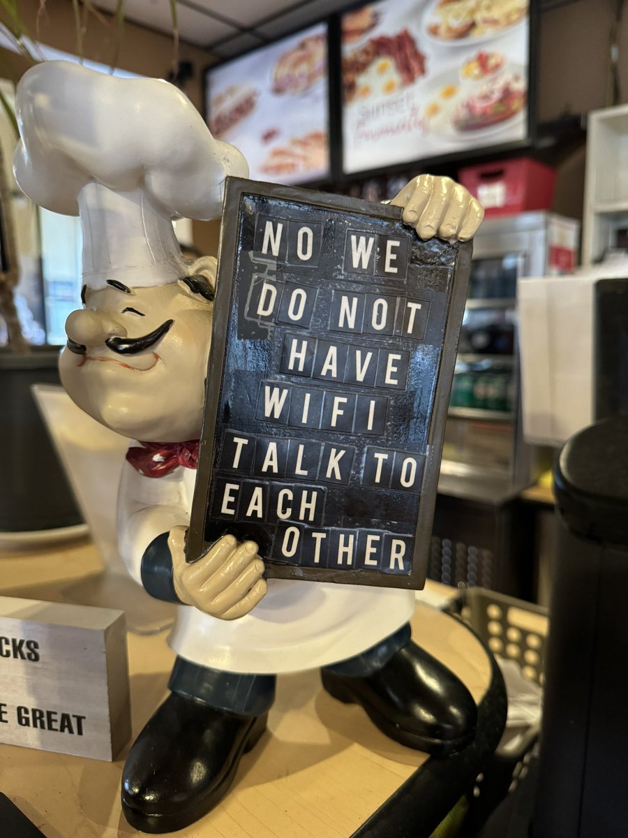 In Ojibwe our words for the sentence below are “Kaawiin n’daasiinaa giigdo-waasmowin kiinwaa ginoondeg”. Seen this sign at a  Mississauga restaurant lol.