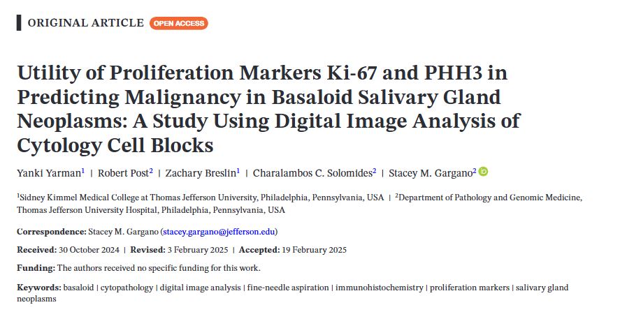 Diagnostic Cytopath (@diagnosticcyto) on Twitter photo #OpenAccess in our May 2025 issue, by Yarman et al!
"Utility of Ki-67 and PHH3 in Predicting Malignancy in Basaloid Salivary Gland Neoplasms: A Study Using Digital Image Analysis of #Cytology #CellBlocks"
onlinelibrary.wiley.com/doi/epdf/10.10…
<a href="/aakasharmand/">Zubair Baloch</a> <a href="/Baskotacytopath/">Swikrity U Baskota,MD, FCAP</a> <a href="/PoonamVohra3/">Poonam Vohra MD</a> #OpenAccess in our May 2025 issue, by Yarman et al!
"Utility of Ki-67 and PHH3 in Predicting Malignancy in Basaloid Salivary Gland Neoplasms: A Study Using Digital Image Analysis of #Cytology #CellBlocks"
onlinelibrary.wiley.com/doi/epdf/10.10…
<a href="/aakasharmand/">Zubair Baloch</a> <a href="/Baskotacytopath/">Swikrity U Baskota,MD, FCAP</a> <a href="/PoonamVohra3/">Poonam Vohra MD</a>