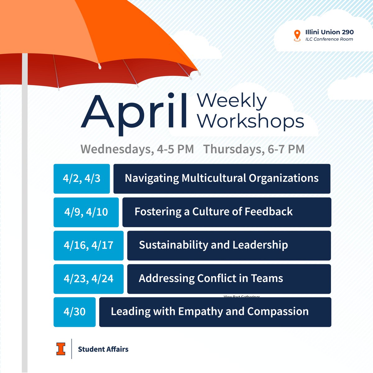 Want to enhance your leadership skills this April? 🚀 Join our hour-long weekly workshops and build essential leadership competencies!

Some of these workshops are the last ones of the semester, so don’t miss out!