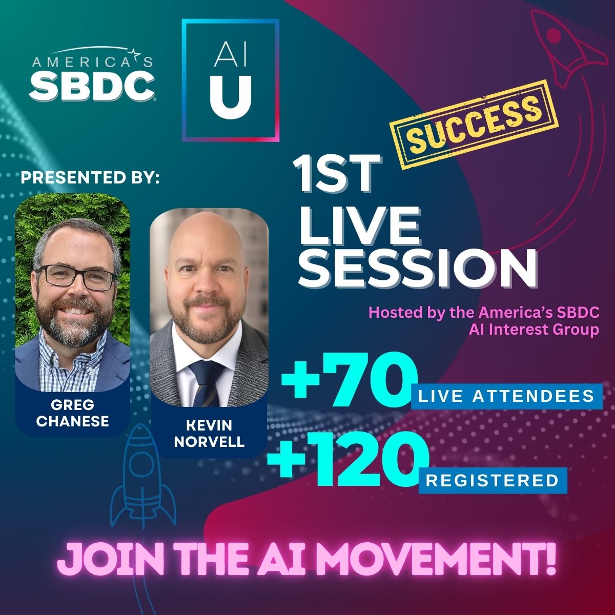 ASBDC's tweet image. 🚀 Amazing launch of our Live Sessions! 120+ registered, 70+ attended as Greg &amp;amp; Kevin discussed AI trends for small businesses. Missed it? Join future sessions! Register: ow.ly/k5F550VsvIe #AIForSmallBusiness #AISBDC