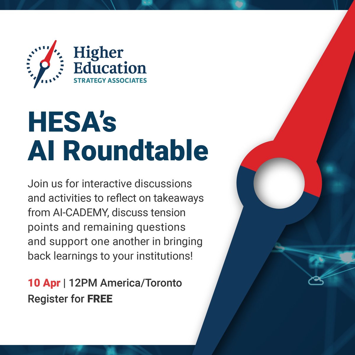 Higher Education Strategy Associates (@hesa_news) on Twitter photo Join us on Thursday, April 10th, from 12:00PM to 1:30PM ET, at our next virtual #AI Roundtable, for interactive discussions and activities to reflect on takeaways from #AICADEMYHESA! Moderated by <a href="/SandrineDforges/">Sandrine Desforges</a>.
Register now (free) to save your spot: us02web.zoom.us/meeting/regist… Join us on Thursday, April 10th, from 12:00PM to 1:30PM ET, at our next virtual #AI Roundtable, for interactive discussions and activities to reflect on takeaways from #AICADEMYHESA! Moderated by <a href="/SandrineDforges/">Sandrine Desforges</a>.
Register now (free) to save your spot: us02web.zoom.us/meeting/regist…