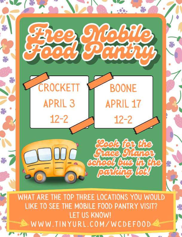 The Grace Manor Mobile Food Pantry will at DCHS on Thursday, April 3rd and at DBHS on Thursday, April 17th. Look for the Grace Manor school bus in the parking lot.