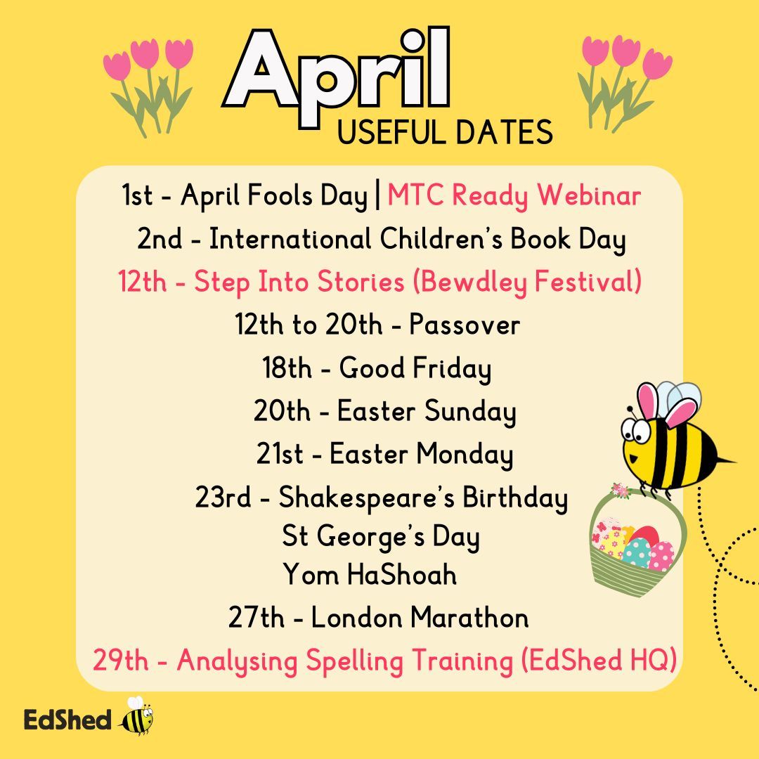 🐣🌷As we sprint towards Easter and the end of Term 2, here's an at-a-glance reminder of some useful dates coming up in April.

#edshed #datesforyourdiary #april2025