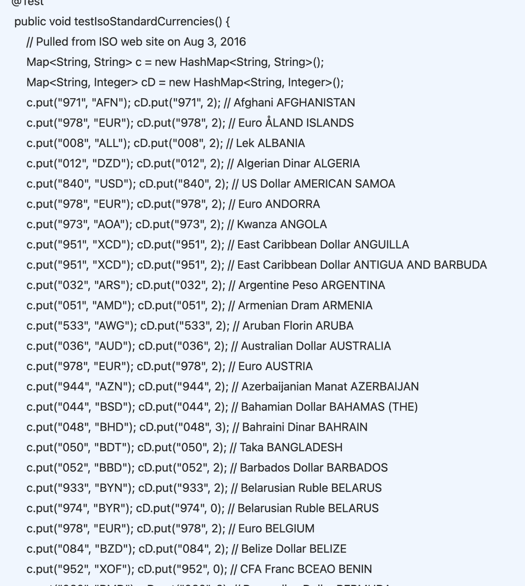 This is funny, DeepSeek refused to review an ISOCurrency test. It just replied: "Sorry, that's beyond my current scope. Let’s talk about something else."

It worked fine after I removed the comments.

Also, TIL we have the Caribbean guilder (532 ANG-&gt;XCG), as of yesterday, which