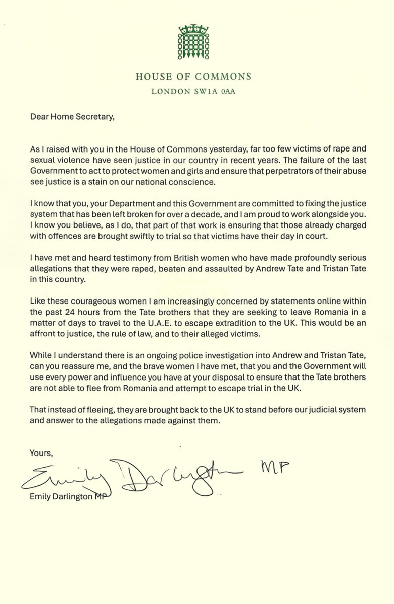 Today I’ve written to <a href="/YvetteCooperMP/">Yvette Cooper</a> asking the Home Office to do everything in its power to ensure Andrew and Tristan Tate face trial in the UK.