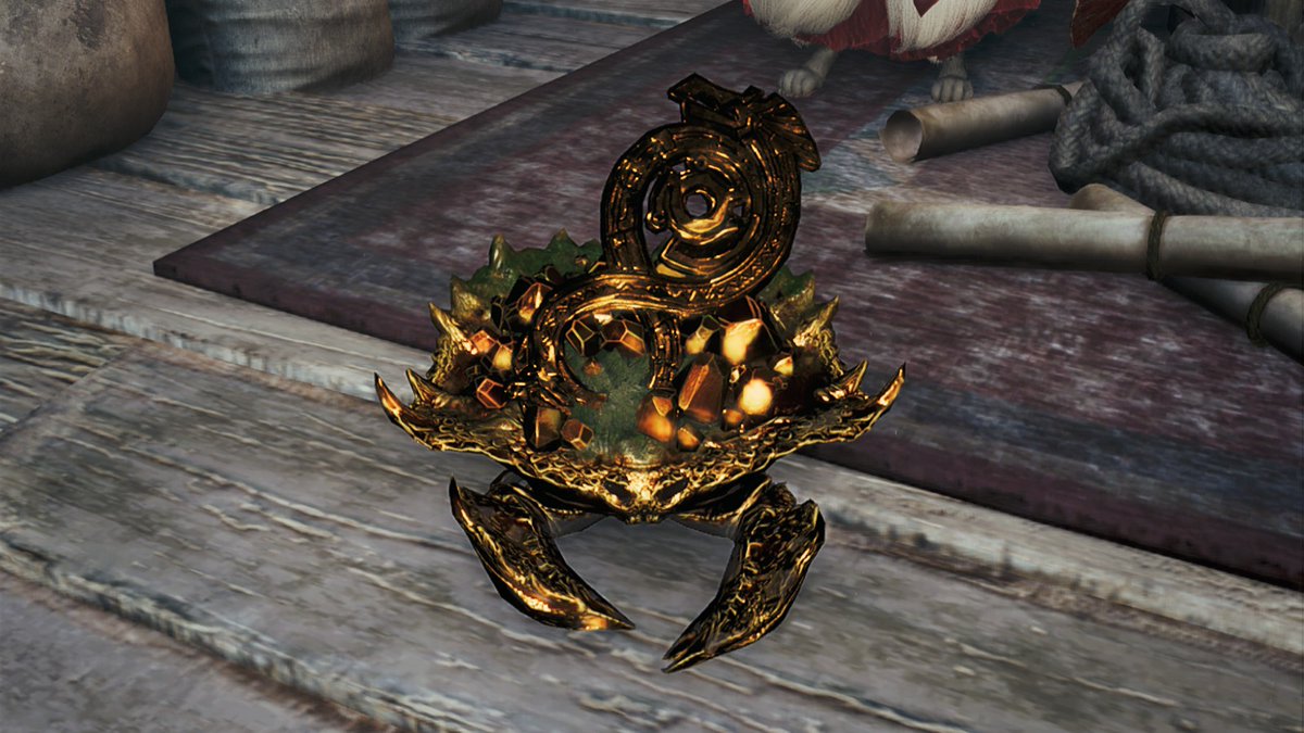 各地で見つかる古びた竜彫貨、コットウサカズキガニが背負ってる『８の字の金属』のことらしい。 勝手に丸いコインだと思ってたけどそうじゃないんだ…  #モンハンワイルズ