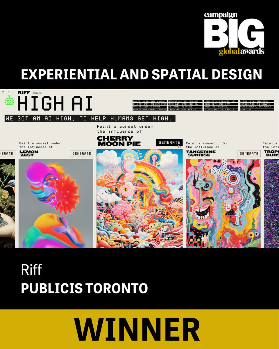 Campaign Big Awards (@campaignbig) on Twitter photo 🏆 Winner – Experiential & Spatial Design 🏆
High AI by <a href="/PublicisTO/">Publicis Toronto</a> for Riff 🤖
An experience that redefines human-AI interaction.
Could your work take home gold in 2026? Register your interest 👉 survey.alchemer.com/s3/8049932/Cam…
#CampaignBIG #Experiential #CreativeExcellence 🏆 Winner – Experiential & Spatial Design 🏆
High AI by <a href="/PublicisTO/">Publicis Toronto</a> for Riff 🤖
An experience that redefines human-AI interaction.
Could your work take home gold in 2026? Register your interest 👉 survey.alchemer.com/s3/8049932/Cam…
#CampaignBIG #Experiential #CreativeExcellence