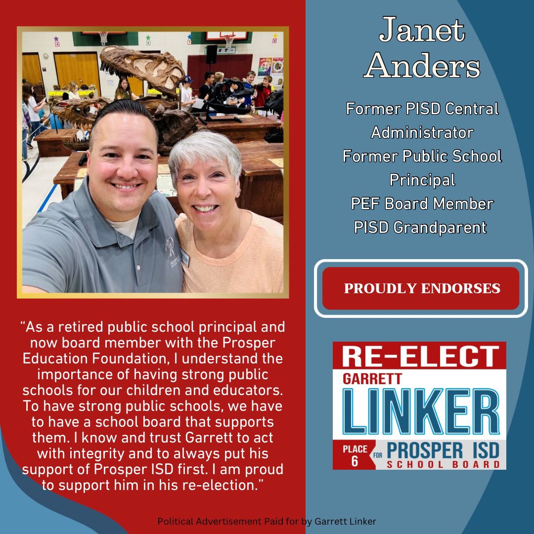 🚨 NEW ENDORSEMENT!

I'm honored to share the endorsement of my friend, Janet Anders. Janet currently serves as the Vice President of Programs and a Board Member for the Prosper Education Foundation. She devoted her entire career serving students in public education across