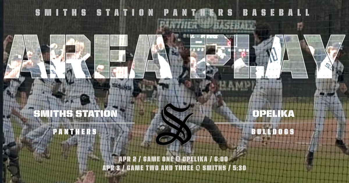 ‼️ IT’S GO TIME ‼️

The moment we’ve been grinding for is HERE. The Smiths Station Varsity Panthers are stepping into AREA PLAY with a battle against the Opelika Bulldogs!

⚾ GM 1: Wednesday 6:00 @ Opelika
⚾ GM 2 &amp; 3: Thursday 5:30 @ HOME

Let’s Go! 

#GoPanthers #StationNation