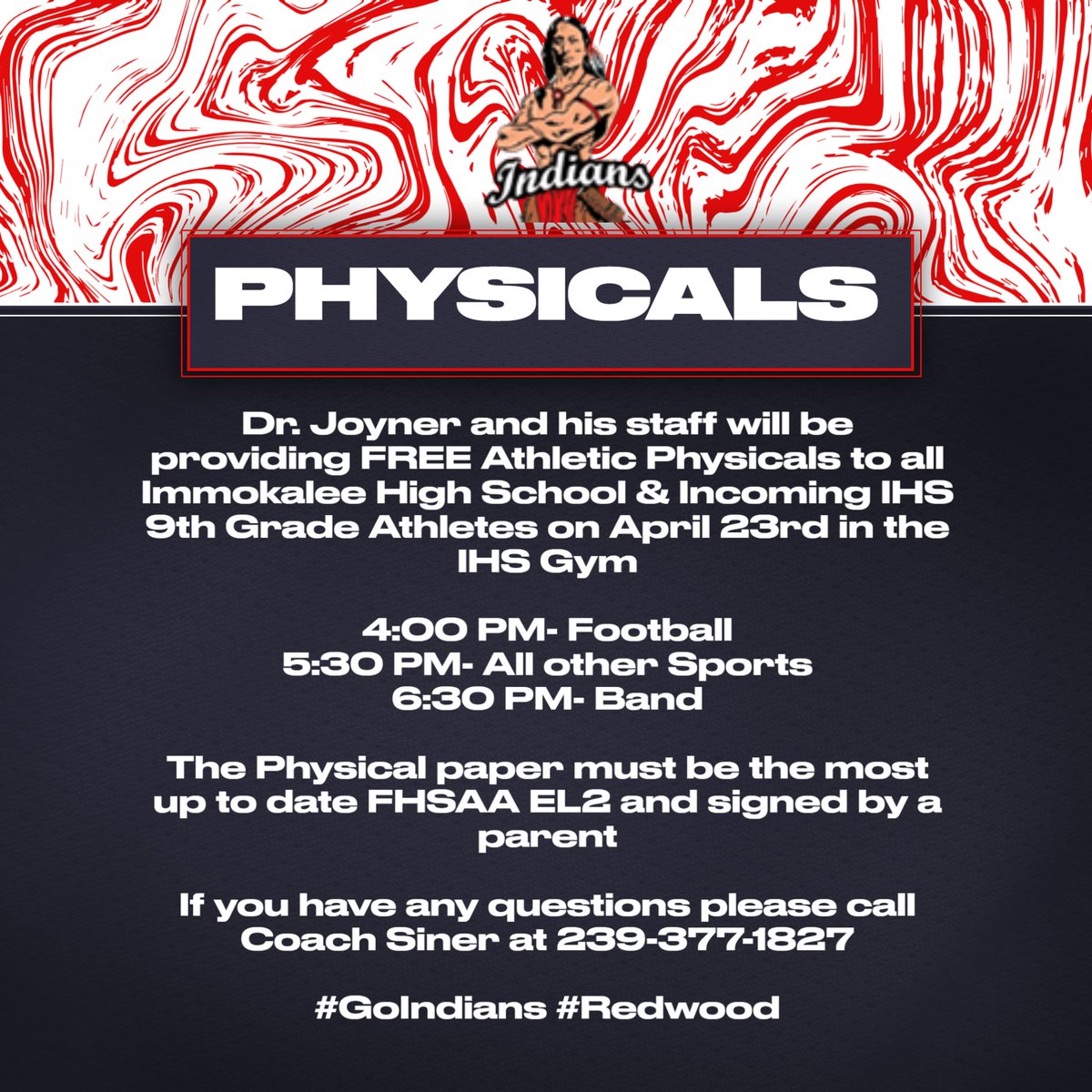 FREE Physicals for all IHS Athletes on 4/23 in the Gym.  This is also open to all IMS 8th Graders coming over to IHS next year!  

You MUST have this form when getting your physical done. fhsaa.com/documents/2023…