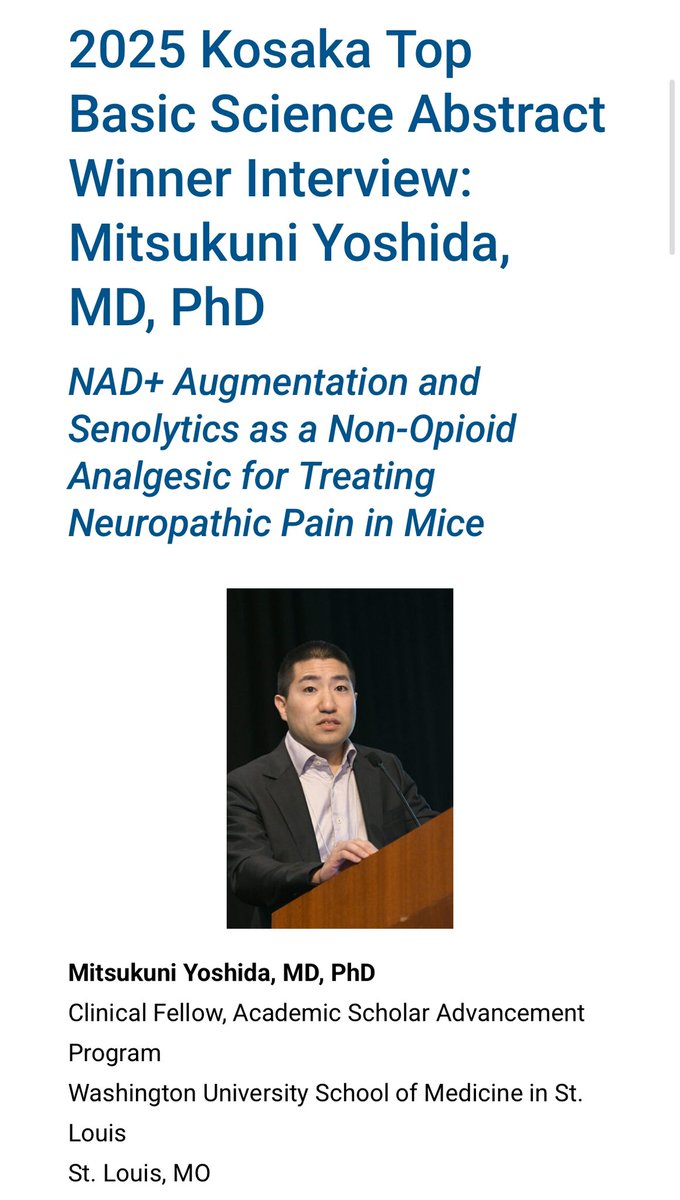 WashU Medicine Anesthesiology Pain Fellowship (@washupainfellow) on Twitter photo Congrats to our fellow <a href="/YoshidaMitsu1/">Mitsukuni Yoshida</a> winner of the Kosaka Top Basic Science Abstract Award at #IARS2025! His research explores the role of metabolic dysregulation in the myeloid cell and the molecular driver of pathological neuropathic pain! <a href="/WashUPain/">WashU Pain Center</a>
#WashUpain Congrats to our fellow <a href="/YoshidaMitsu1/">Mitsukuni Yoshida</a> winner of the Kosaka Top Basic Science Abstract Award at #IARS2025! His research explores the role of metabolic dysregulation in the myeloid cell and the molecular driver of pathological neuropathic pain! <a href="/WashUPain/">WashU Pain Center</a>
#WashUpain