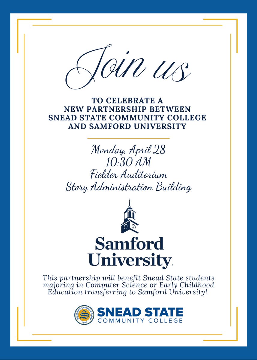NEW DATE!📣

We invite you to join us on Monday, April 28, at 10:30 to celebrate a new partnership with Samford University!💙

#SneadState #CommCollege #CommunityPartners