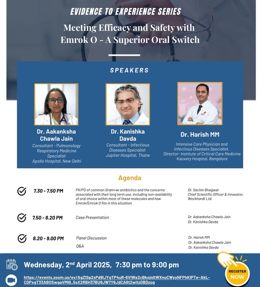 Join us on 2nd April, 7:30–9:00 PM for a high-impact session on Emrok O – A Superior Oral Switch in the Evidence to Experience Series.

Expert talks, case discussion &amp; panel!

Register now:
events.zoom.us/ev/A2gZlPs2sPD…

#InfectiousDiseases #EmrokO #CriticalCare #Webinar