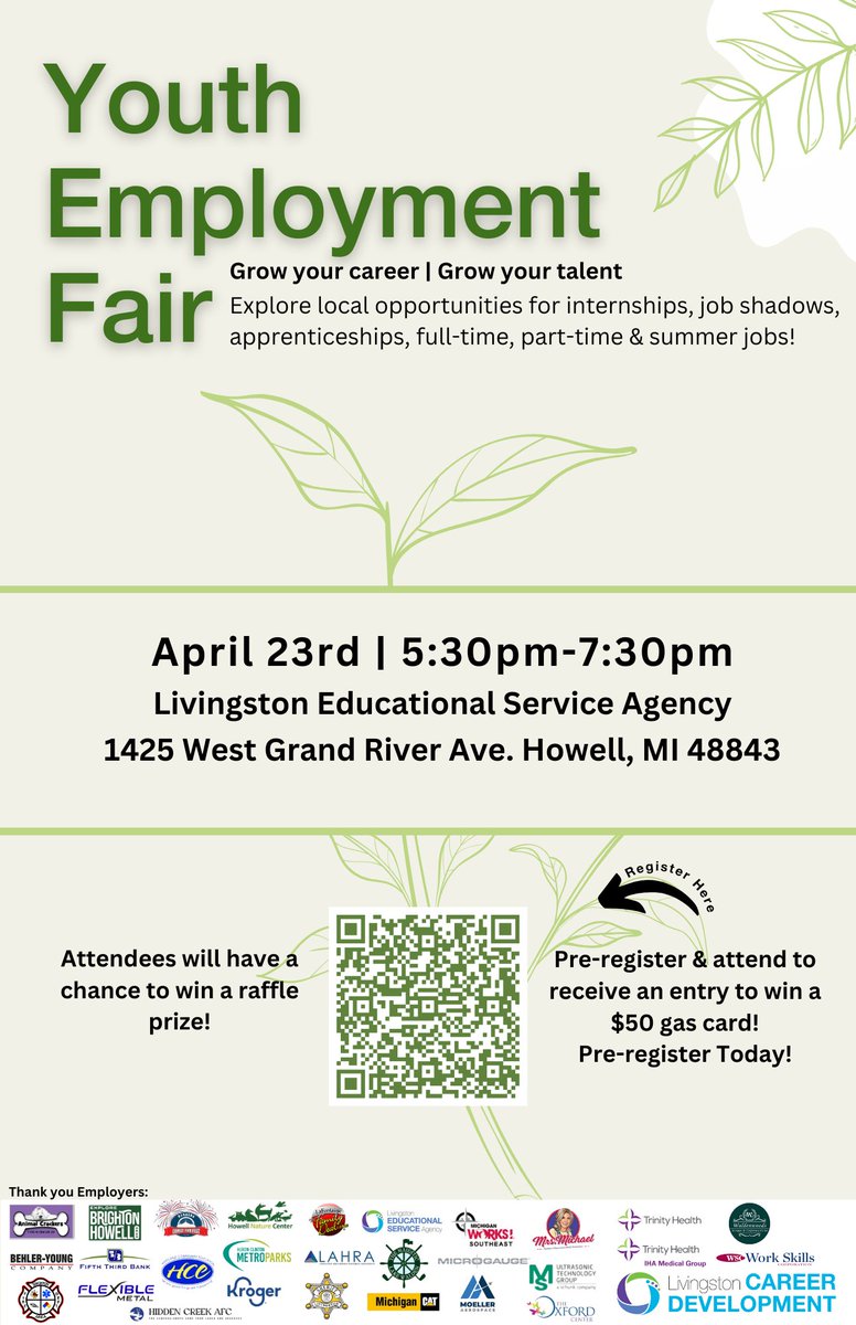 Students and Recent Graduates!  Looking for a job, job shadow opp., or internship?? Register now to attend our Youth Employment Fair!  Sign up early to possibly win a prize!  Scan the QR code to see a list of employers attending! #Brighton #Fowlerville #Hartland #Howell #Pinckney