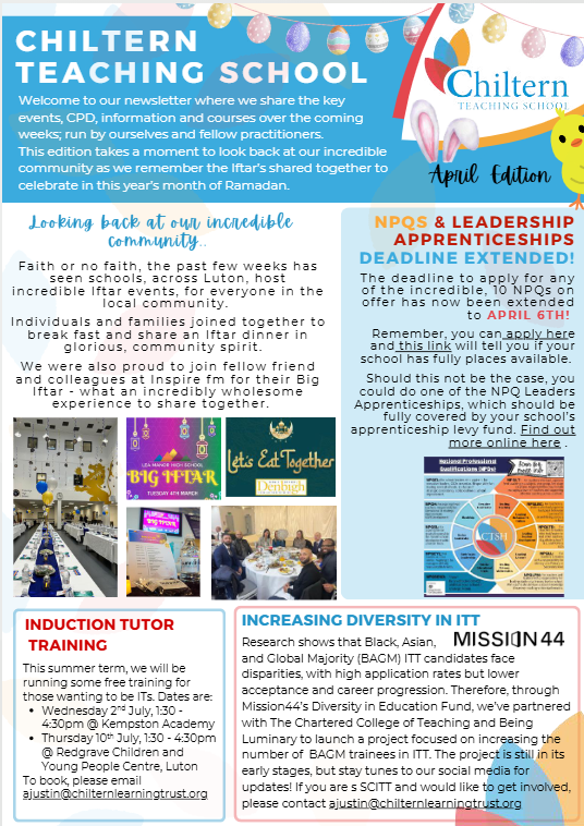 Chiltern Teaching School (@chilterntsh) on Twitter photo Did you catch our latest edition?!
#April of the CTS Newsletter! 🪻🐰🌷
Showcasing some of the incredible Iftars that took place around our caring community and the forthcoming, wonderful events. Have a read @ teaching-school.co.uk/Newsletters/ ⬇️⬇️⬇️ #News #CTSH <a href="/unleashing_me/">Unleashing Me</a> Did you catch our latest edition?!
#April of the CTS Newsletter! 🪻🐰🌷
Showcasing some of the incredible Iftars that took place around our caring community and the forthcoming, wonderful events. Have a read @ teaching-school.co.uk/Newsletters/ ⬇️⬇️⬇️ #News #CTSH <a href="/unleashing_me/">Unleashing Me</a>