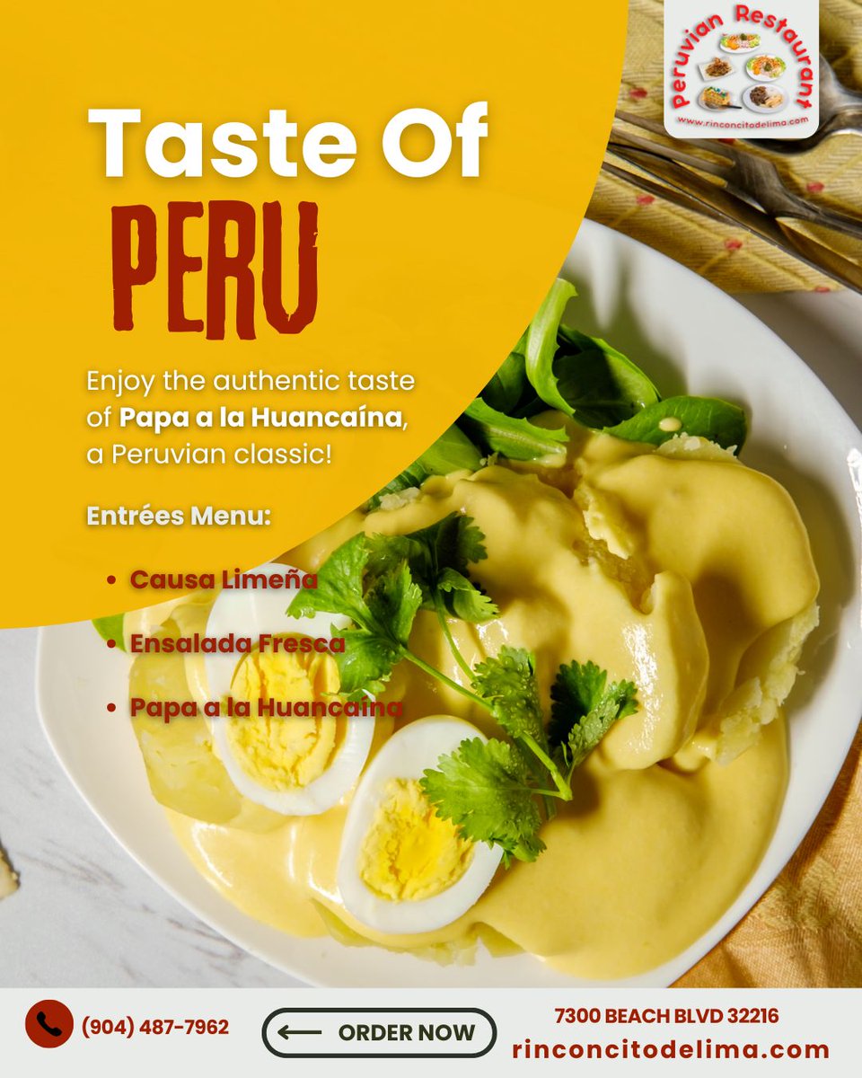LimaRinconcito's tweet photo. ✨ A Peruvian Classic in Our Piqueo Criollo! ✨ Savor the rich and creamy Papa a la Huancaína, one of the delicious entrees in our Piqueo Criollo! 🇵🇪🥔🔥
📞 904-487-7962
#PeruvianFlavors #JacksonvilleFL https://t.co/yE5HNcN4lR