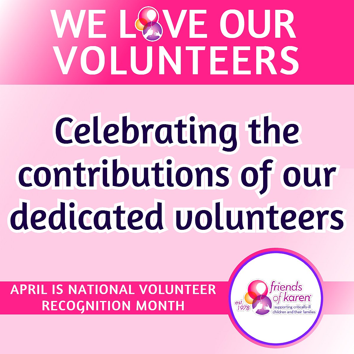 April is National Volunteer Month.
Join us in honoring and celebrating volunteers who put others before themselves by sharing their time and talent with Friends of Karen. Get involved, click here. friendsofkaren.org/volunteer
#NationalVolunteerMonth #FriendsOfKaren