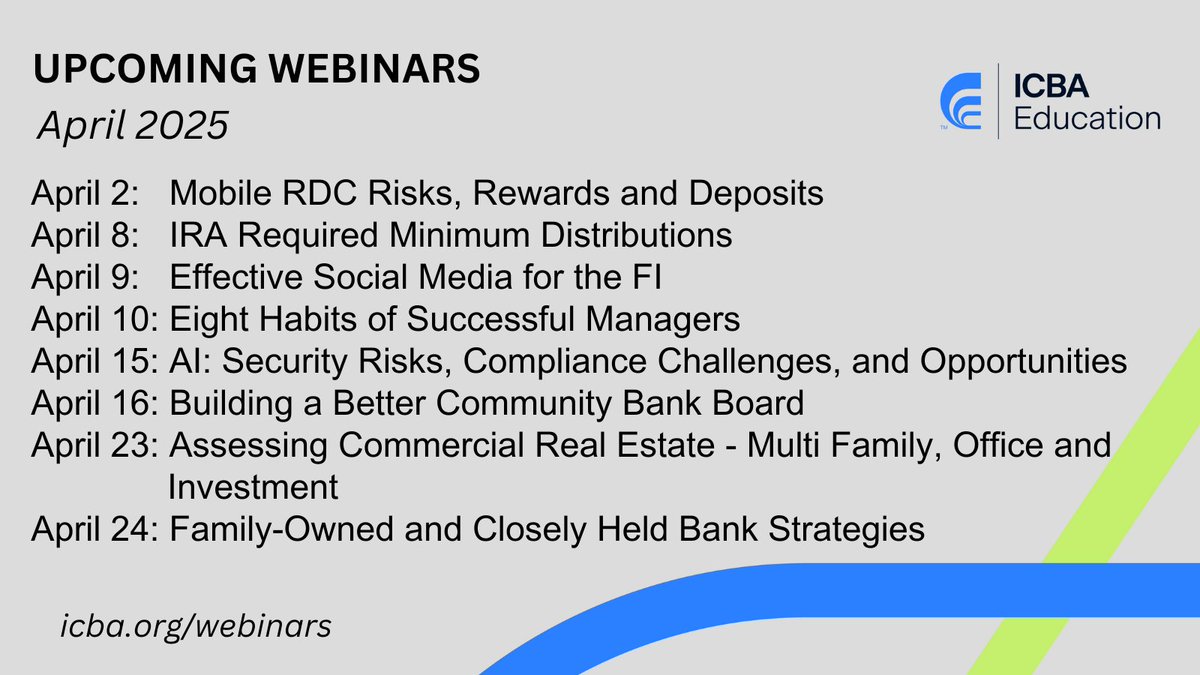 🚨 Attention Community Bankers! 🚨
ICBA’s April webinars are packed with insights to help you navigate key industry challenges and opportunities. Whether you're focused on risk management, compliance, leadership or growth, we’ve got you covered!
 icba.org/education/webi…