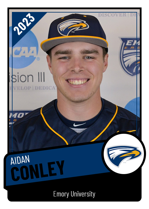 Aidan Conley ('23) has gotten off to a STRONG start to the baseball season at Emory!

After playing in 34 games with 27 starts as a freshman last spring, Conley has nearly matched that already... In 24 games (all started), Conley is leading the Eagles offense in several