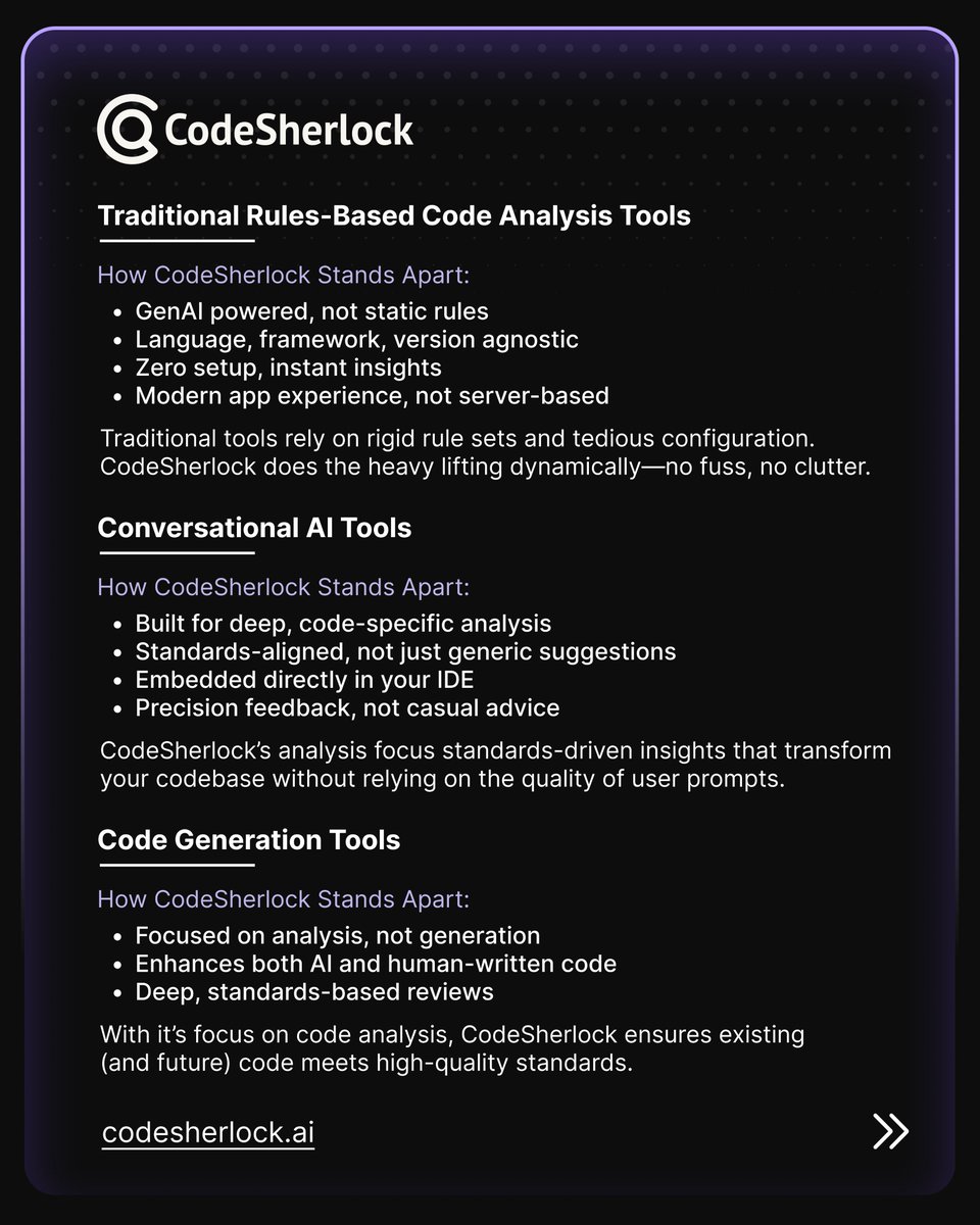 codesherlockai's tweet image. Elevate your code quality with CodeSherlock. AI-driven, standards-focused, and built for seamless code analysis. No setup, just insights.

#CodeQuality #AIAnalysis #CodeSherlock