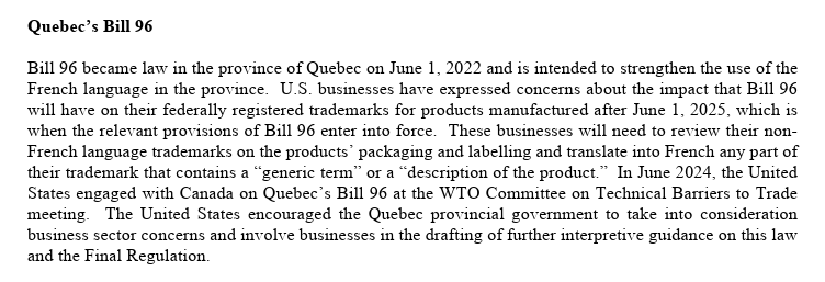 hassinhadi's tweet photo. 🚨🚨 Dans un document adressé au président Trump, le Bureau du représentant américain au commerce soulève des inquiétudes concernant la loi 96 sur les langues au Québec, estimant qu’elle pourrait compliquer les affaires des entreprises américaines, notamment en raison de l’obligation de traduire en français les emballages et l’étiquetage des produits.

https://t.co/CQKWL3uvnh

#polqc #assnat #polcan