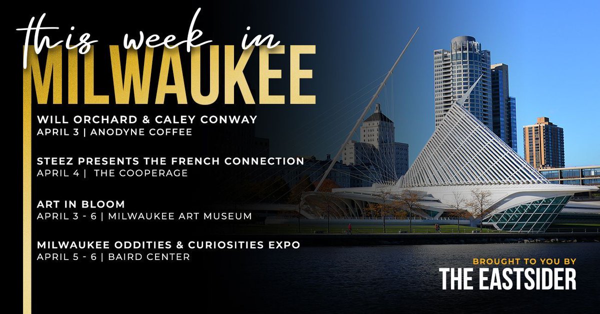 eastsider_mke's tweet photo. The Eastsider’s #MKE #events of the week:

🎸 Will Orchard &amp; Caley Conway
📍 Anodyne Coffee

🤖 Steez
📍 @cooperagemke

🎩 #Milwaukee Oddities &amp; Curiosities Expo
📍 @BairdCenter

🌸 Art in Bloom
📍 @Milwaukee Art Museum

Join the fun 👇
🔗 https://t.co/MBQRcqHMsz https://t.co/FqtS4vQlwM
