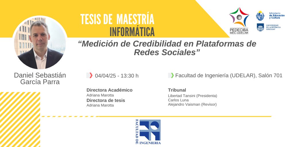 Defensa de tesis de Maestría del Estudiante PEDECIBA Sebastián García 
Viernes 04/04 desde las 13:30hs Facultad de Ingeniería, Salón 701  
Si la investigación continúa, la ciencia avanza y la sociedad toda se beneficia #SomosPEDECIBA apoyando el Desarrollo de las #CienciasBásicas