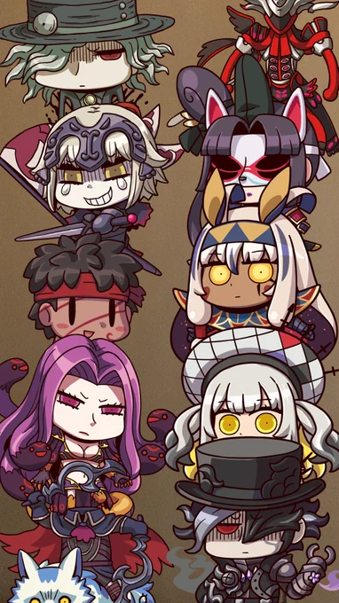 エイプリルフールのゲームクリアできました!クリプターのみんなとわちゃわちゃ出来てうれしい 新所長は反省してほしい撮影機能のやつ複数人選ぶと自動でトーテムポールみたいに積まれるのおもしろかわいいな〜となったのでアステリオスさんたちも縦に積みました 
