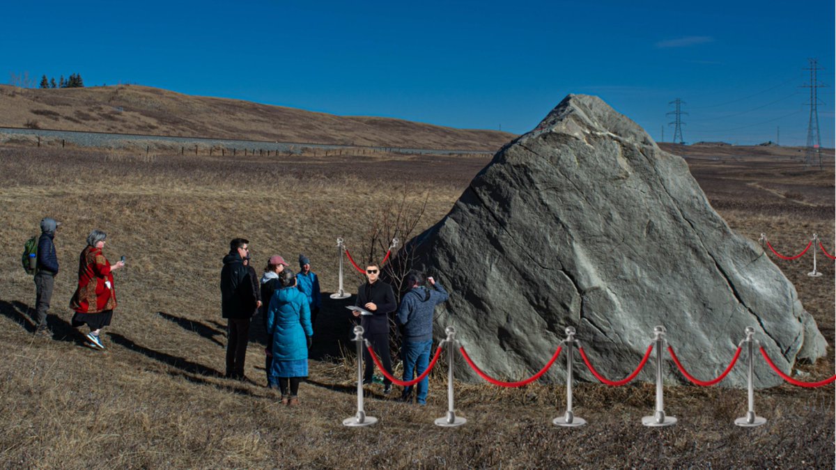 savenosecreek's tweet photo. With the Glacial Erratic now cleaned off we've created a new exclusive club. "Club Erratic" a members only club complete with bouncer and velvet ropes. Become a Nose Creek Preservation Society Member today to gain access to this exclusive club. #SaveNoseCreek #SNCerratic #yyc https://t.co/F685drkdBY