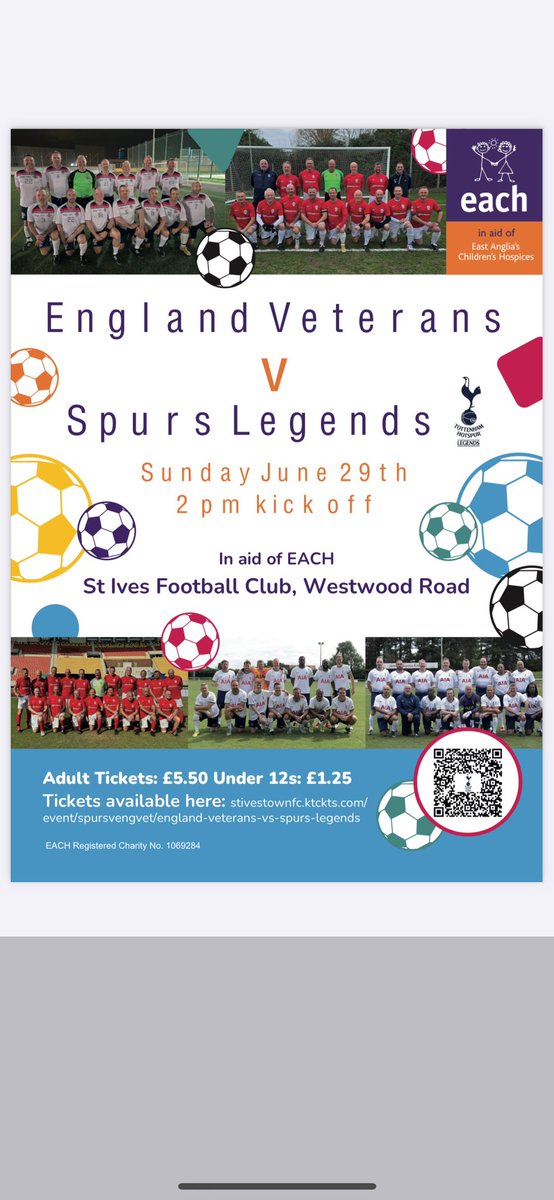 Tickets now on sale #spurs #england #vetsfootball #EACH #charity #Tottenham #hotspurs <a href="/stivestownfc/">St Ives Town FC</a> <a href="/StIvesEducation/">St Ives Town Football (C)lub Academy & U18’s🏆</a> <a href="/EACH_hospices/">EACH</a>