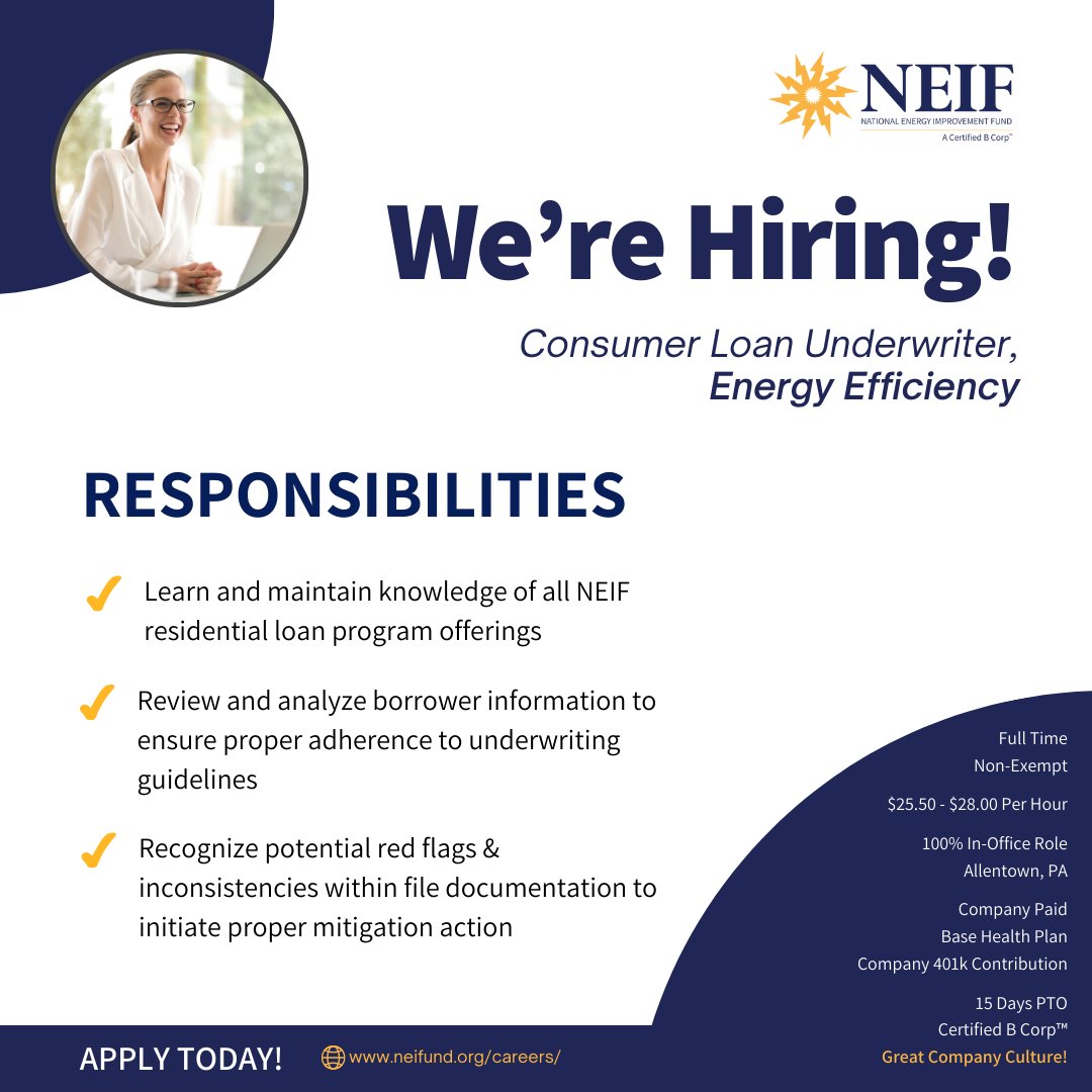 NEIF is Expanding!🎉  

If you're ready to grow, collaborate, and make an impact — we want to hear from you for our Consumer Loan Underwriter, Energy Efficiency position!

How to Apply: 🔗 Visit neifund.org/careers/ 

#NowHiring #JobOpportunities