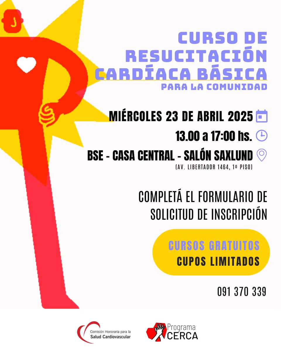 Comisión Cardiovascular (@cardiosaluduy) on Twitter photo CURSO DE RESUCITACIÓN CARDÍACA BÁSICA - Inscripción gratuita
📣Te invitamos a sumarte a nuestro próximo curso:
📆miércoles 23 de abril de 2025
⏰13 a 17 hs
📍Casa Central - Salón Saxlund - <a href="/bseuruguay/">BSE</a>
(Av. Libertador 1464, 1º piso)
📝Formulario de inscripción: CURSO DE RESUCITACIÓN CARDÍACA BÁSICA - Inscripción gratuita
📣Te invitamos a sumarte a nuestro próximo curso:
📆miércoles 23 de abril de 2025
⏰13 a 17 hs
📍Casa Central - Salón Saxlund - <a href="/bseuruguay/">BSE</a>
(Av. Libertador 1464, 1º piso)
📝Formulario de inscripción: