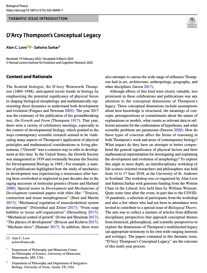 BiolTheory's tweet image. ➡️Special issue intro now online⬅️
"D'Arcy Thompson's Conceptual Legacy"
by guest editors Alan Love & Sahotra Sarkar
For the upcoming thematic issue out in June
Read the introduction here: rdcu.be/efY0v