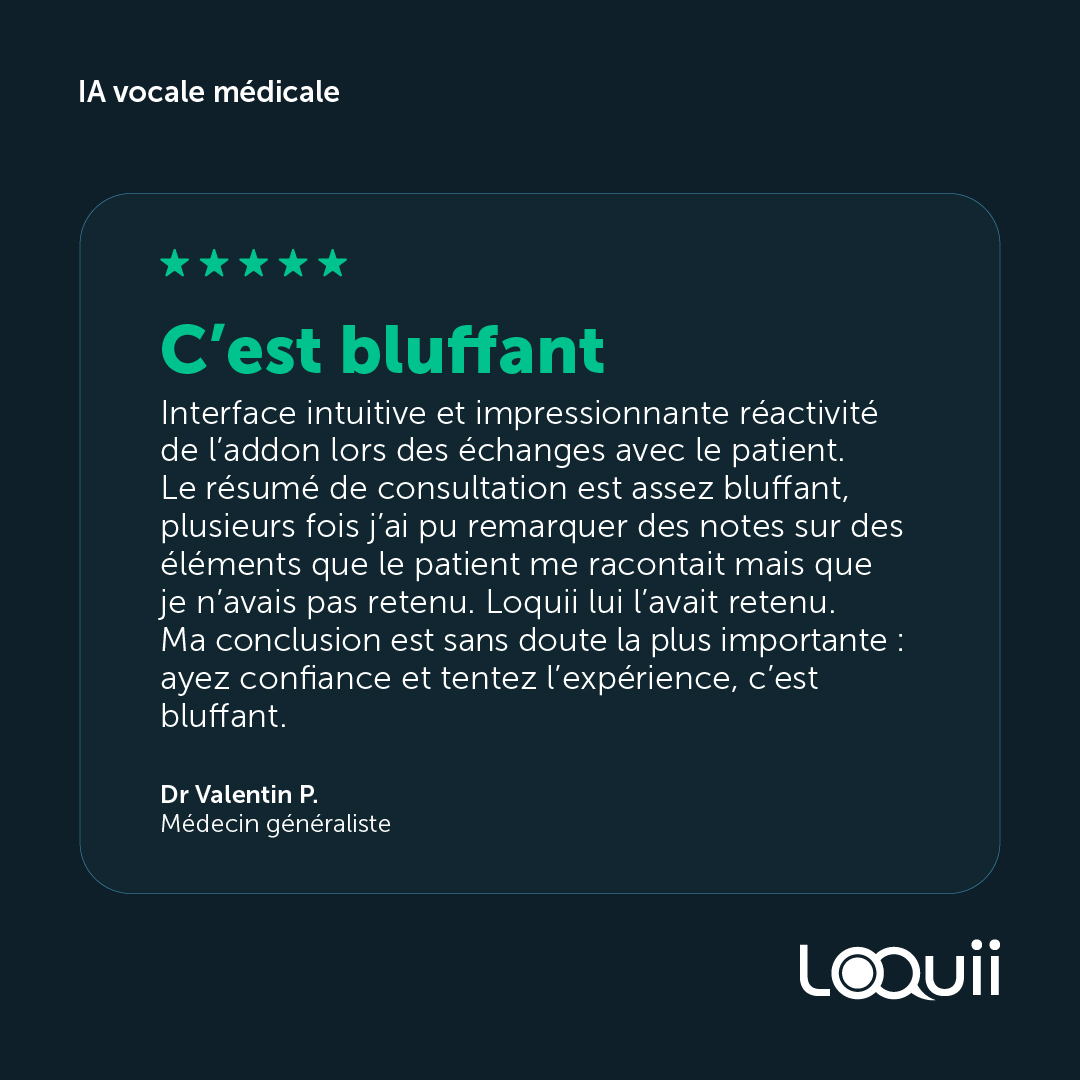 loquii_ai's tweet image. &quot;C&apos;est bluffant&quot;👀
En dictée ou en mode IA vocale, Loquii simplifie votre quotidien de #médecin. 

Et ce n’est que le début ! De nouvelles évolutions arrivent, conçues avec nos utilisateurs. 😏

🚀 Testez Loquii dès maintenant !
