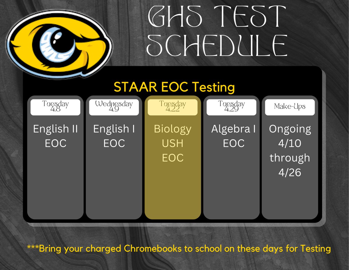 This week we have USH and Biology on Tuesday, 4.22.25. Be prepared, owls! This will be a shutdown testing day. All students will be assigned to a testing room. Regular classes will resume on Wednesday, 4.23.25. Gig'em, Owls! #ChooseTheOriginal