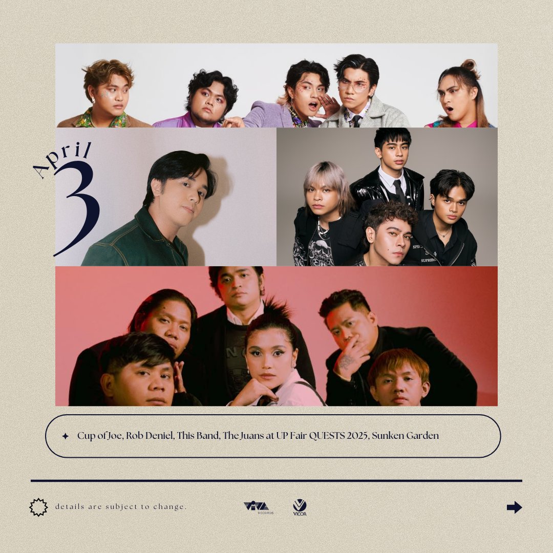 viva_records's tweet photo. From the festivals of UP Diliman to Taguig, this first week of April is sure to meet all your OPM needs 🎤

Follow these artists to stay updated on these events:
#DENY
#CupofJoe
#RobDeniel
#TheJuans
#ThisBand
#AmielSol
#EarlAgustin
#Rhodessa

#vivarecords #vicormusic #ivorymusic https://t.co/NHvFMIxb7h