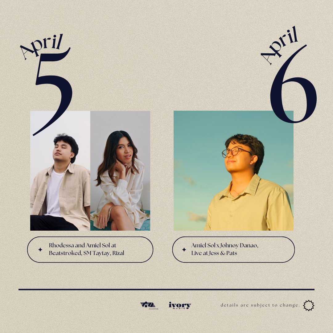 viva_records's tweet photo. From the festivals of UP Diliman to Taguig, this first week of April is sure to meet all your OPM needs 🎤

Follow these artists to stay updated on these events:
#DENY
#CupofJoe
#RobDeniel
#TheJuans
#ThisBand
#AmielSol
#EarlAgustin
#Rhodessa

#vivarecords #vicormusic #ivorymusic https://t.co/NHvFMIxb7h