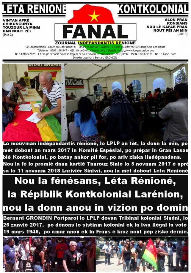 Bernard_Grondin's tweet photo. FANAL ZOURNAL INDEPANDANTIS RENIONE 
N°44 - MARS 2025
Attention : Nouveau lien pour télécharger le dernier journal Fanal en kréol : https://t.co/etGDLgcGUv
#Fanal #LPLP #LaReunion https://t.co/HUUSwesK0v