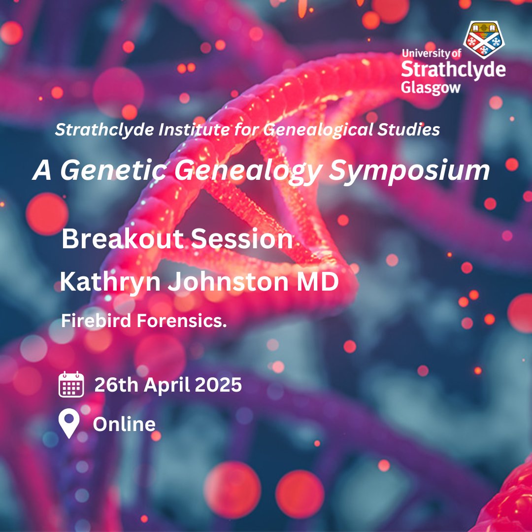 Strathclyde Institute for Genealogical Studies (@strathgenealogy) on Twitter photo Hear Kathryn Jonhston’s talk 'Visually phased DNA crossover zones on chromosomes determine genetic networks – the demonstration of a simplified method for genetic genealogists'. Kathryn has been engaged in genetic genealogy for 20+ yrs.  
Register > bit.ly/3QzHhe9 Hear Kathryn Jonhston’s talk 'Visually phased DNA crossover zones on chromosomes determine genetic networks – the demonstration of a simplified method for genetic genealogists'. Kathryn has been engaged in genetic genealogy for 20+ yrs.  
Register > bit.ly/3QzHhe9