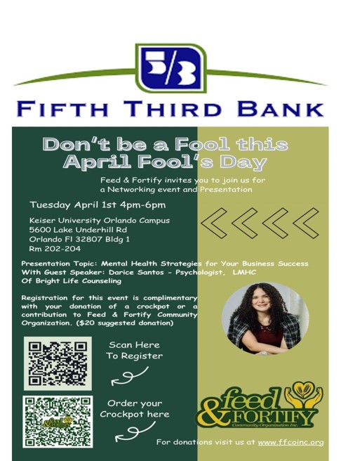 FeedFortify's tweet photo. Don't forget today's event; you still have time to register. Come and join us at our Annual Crockpot Networking event and Presentation. Mental Health Strategies for your Business Success. Sponsor by Fifth Third Bank https://t.co/xMqD4jk5kI
