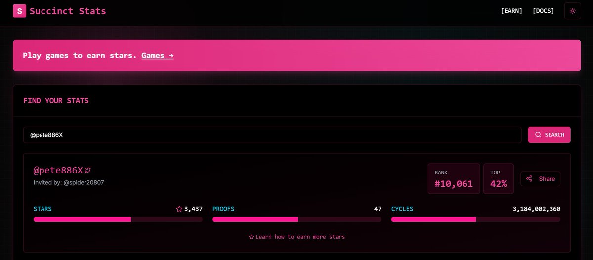 pete886X's tweet photo. @SuccinctLabs Having a blast on the Succinct testnet - gotta get my stats up!! https://t.co/j2IkTsLUtB