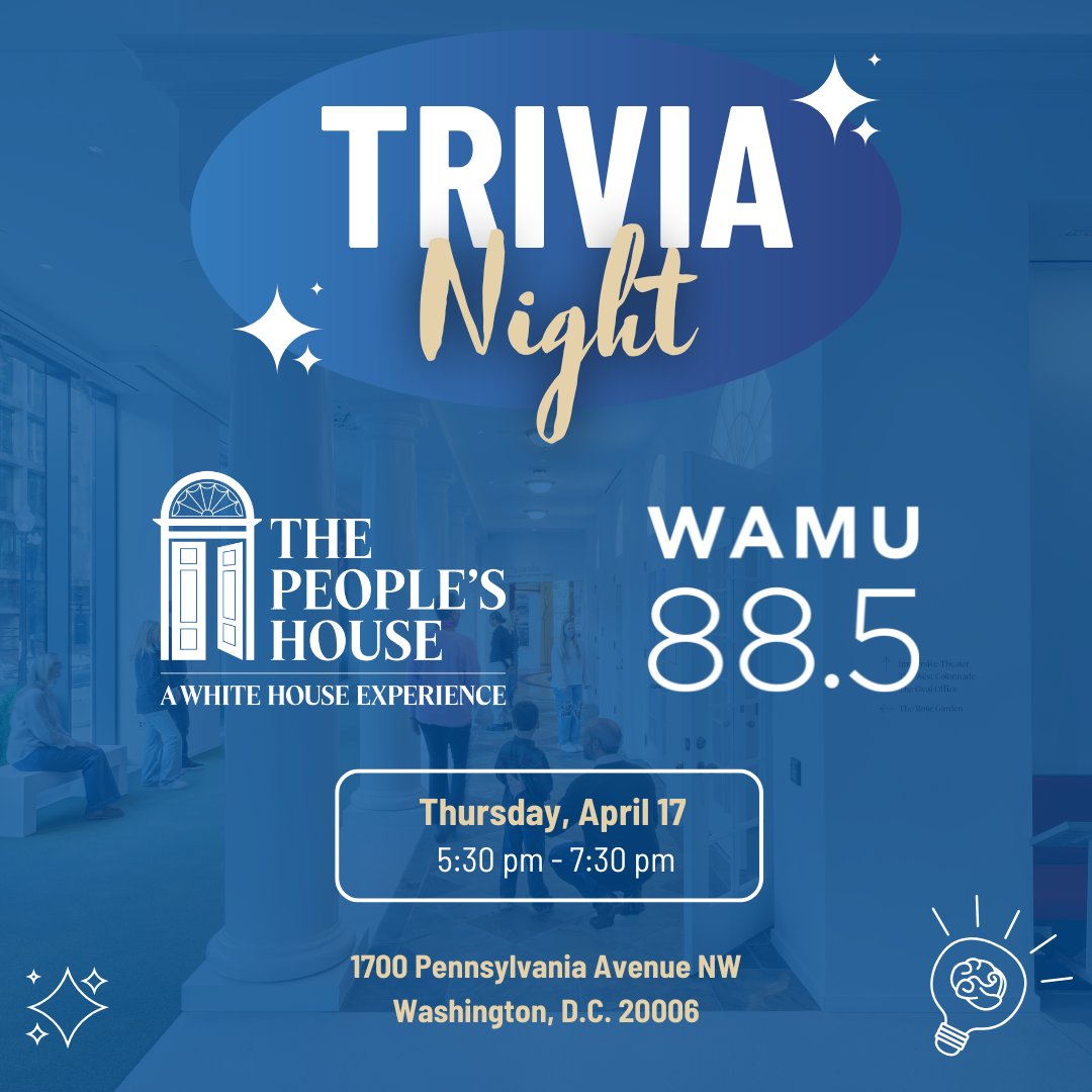 Calling all history buffs! Grab your team of 2-6 and join us for the first ever White House history trivia night at The People’s House: A White House Experience, sponsored by @WAMU885 on April 17th at 5:30PM. For more information and to register go to whitehousehistory.org/events/trivia-…