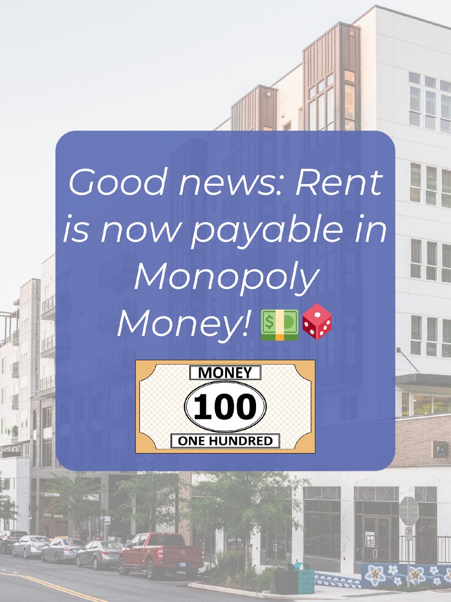 ModeraDecatur's tweet image. Time to break out the board games—rent is now payable in Monopoly money! 💵🎲 Too bad the bank said no… 😆 #IfOnly #AprilFools #FreeRent #Joke #Apartment #Monopoly
