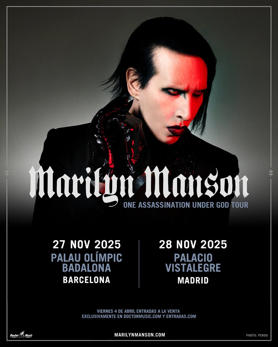 La icónica leyenda del rock #MarilynManson anuncia su regreso a los escenarios para la segunda etapa de su gira ‘One Assassination Under God Tour’. 

Las entradas para los shows en España se pondrán a la venta el 4/4 a las 10h en entradas.com
👉bit.ly/4iMUYTD