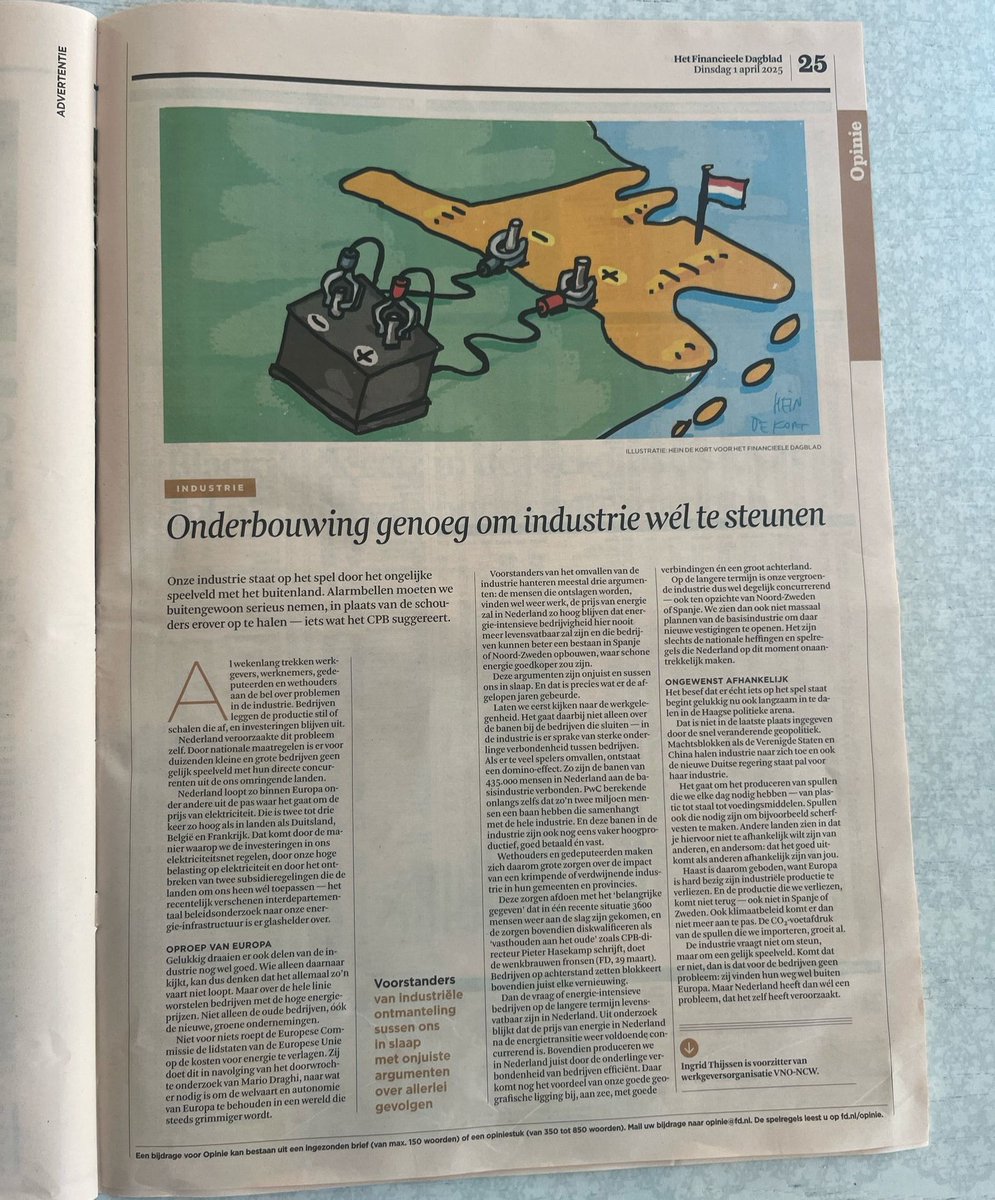 Gezien de geopolitieke situatie is het essentieel om minder afhankelijk te worden. Nationale maatregelen creëren een ongelijk speelveld voor onze industrie en dat kan Nederland en Zeeland duur komen te staan. Een belangrijke boodschap van @IngridThijssen en <a href="/VNONCW/">VNO-NCW</a> in <a href="/FD_Nieuws/">FD Nieuws</a>