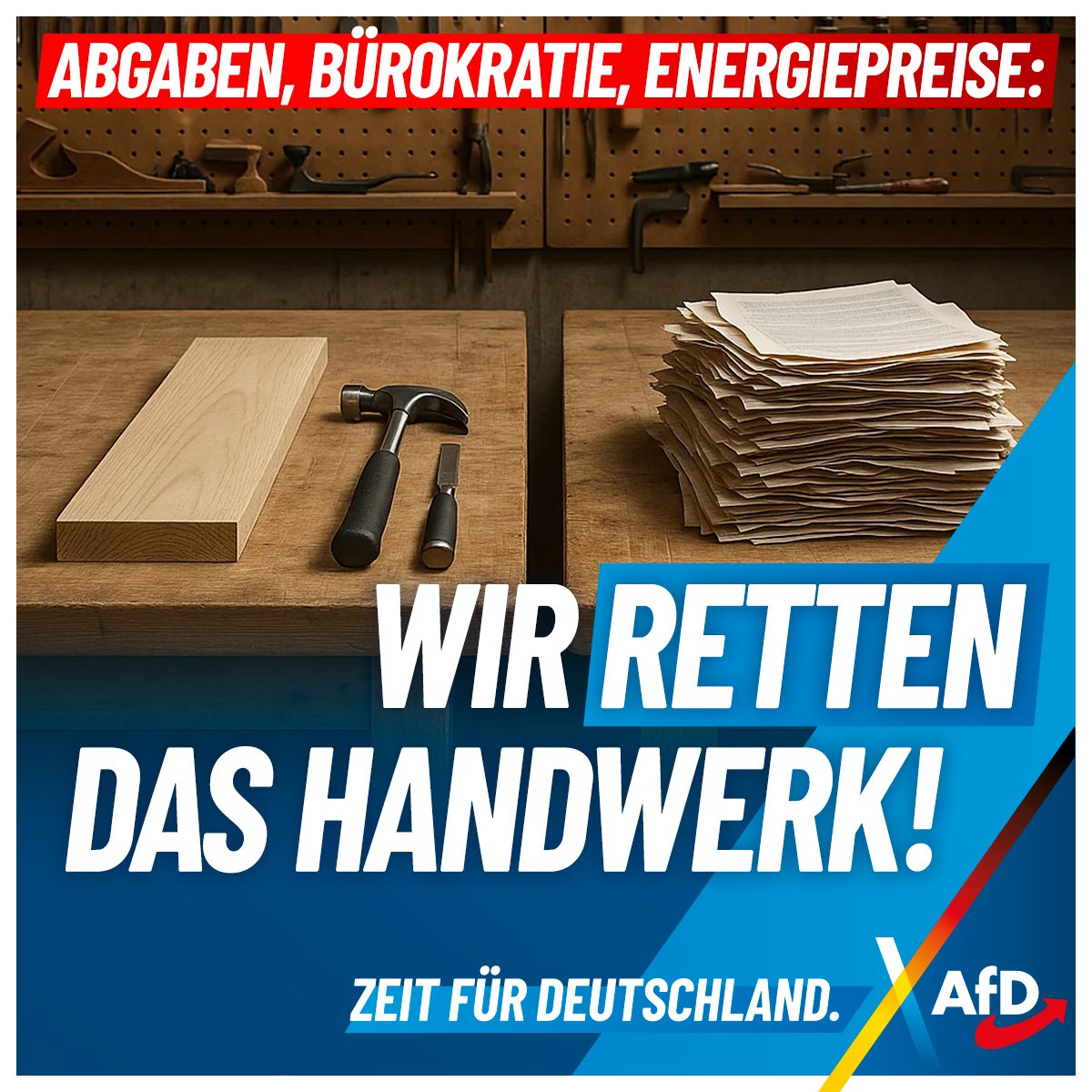 +++ Steuern, Abgaben, Energiepreise – das Handwerk kämpft ums nackte Überleben! +++

Die SPD will die Einkommensteuer anheben – und trifft damit nicht etwa „Reiche“, sondern genau die, die dieses Land am Laufen halten: unsere Handwerker!

Handwerkspräsident Jörg Dittrich warnt