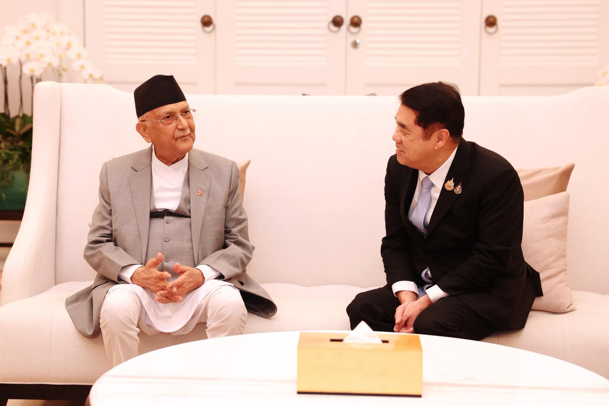 PM_nepal_'s tweet photo. Rt. Hon. PM KP Sharma Oli arrived in Bangkok for the 6th BIMSTEC Summit and his first official bilateral visit to Thailand. Upon arrival, he received a warm welcome from DPM Suriya Juangroongruangkit. https://t.co/rFr8kmLVJh