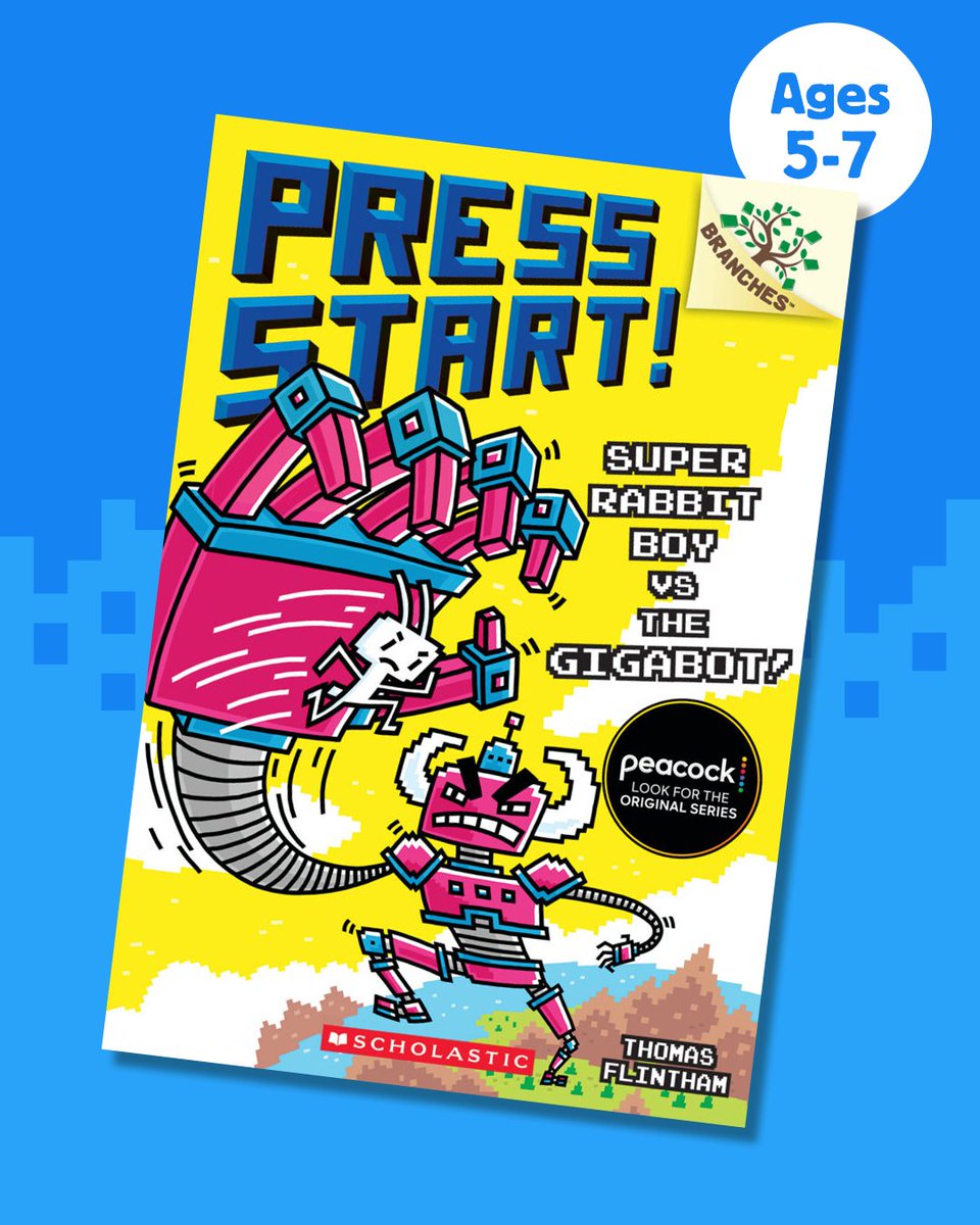 Scholastic's tweet photo. Raise your hand if your little reader loves a new book! (Bonus points if they make you read it 10 times in a row). Check out these new books that even grownups will want to read again. 

🎮 Press Start! # 16: Super Rabbit Boy vs. the Gigabot! by @thomasflintham
🐉 Dragon Masters #28: Night of the Dream Dragon by @traceywestbooks, Illustrated by @matt_loveridge
🐈 Tabby McTat, the Musical Cat by Julia Donaldson. Illustrated by Axel Scheffler