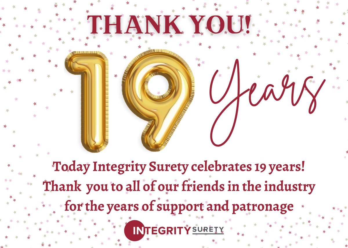 IntegritySurety's tweet photo. 🎉 Integrity Surety celebrates our 19th birthday today! 🥳 A huge thank you to our clients and team for nearly two decades of trust and excellence. Here's to many more! 🥂 🚀 https://t.co/Chu9BiacL8