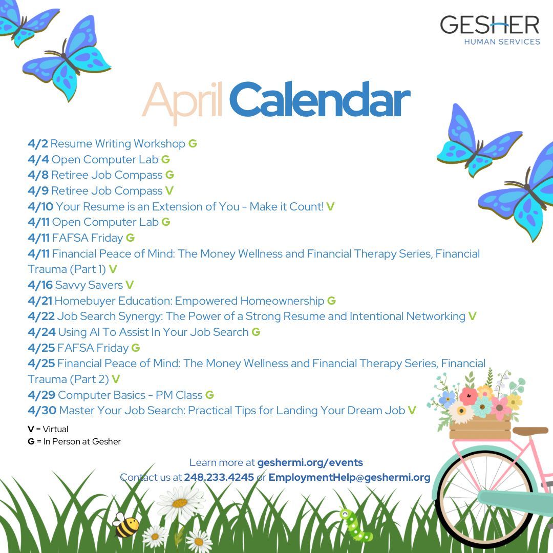 April is here, and so is a month full of opportunities at Gesher Human Services! From career workshops to community events, we’ve got something for everyone. Don’t miss out—check out our event calendar at geshermi.org/events  and join us! 📅✨ #GesherEvents #SpringIntoSuccess